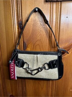 Merona Black and Cream Woven Shoulder Bag with Silver Chain Accent